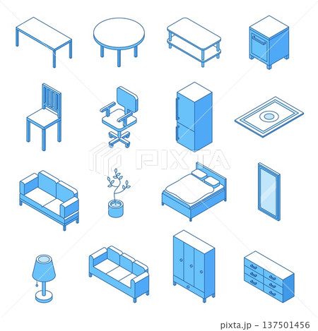Isometric line home furniture. Living and bedroom accessories. 3d bed sofa, wardrobe chair and tables. Office room elements, home interior nifty vector set Isometric line home furniture. Living and bedroom accessories. 3d bed sofa, wardrobe chair and tables. Office room elements, home interior nifty vector set 137501456
