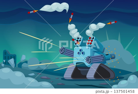 Transformer battle. Future warrior, android shoots multiple bullets. Futuristic technologies war scene, destruction and smoke. Cyborg army character sapid vector scene Transformer battle. Future warrior, android shoots multiple bullets. Futuristic technologies war scene, destruction and smoke. Cyborg army character sapid vector scene 137501458