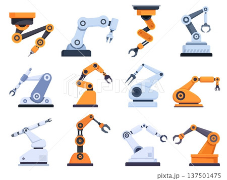 Industrial robotic arm. Conveyor flat hands, modern technologies and automated system for manufacturing. Robot worker, manipulators, sapid vector clipart 137501475