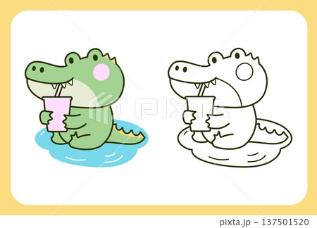 Crocodile coloring page. Funny crocodiles sitting in water and drink beverage. Cute cartoon animal characters, template for color nowaday vector design 137501520