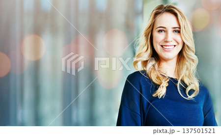 Portrait, business woman and happy on banner in office, startup company and workplace bokeh. Face smile, designer and professional employee, creative and entrepreneur on mockup space in Australia 137501521