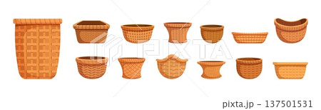 Various wicker bowls. Flowerpots rural style, home accessories and crockery. Decorative pots, bowl for interior decor. Isolated vector collection 137501531