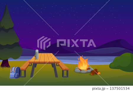 Overnight stop along way. Picnic area, natural rest area with campfire, wooden table and benches. Tourism, travel adventures, outdoor resting vector scene Overnight stop along way. Picnic area, natural rest area with campfire, wooden table and benches. Tourism, travel adventures, outdoor resting vector scene 137501534