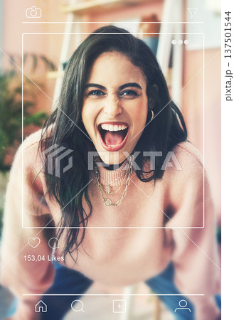 Excited scream, woman portrait and social media app overlay of influencer face and photography for website. Frame, internet and graphic with home page of profile and software with screen display 137501544