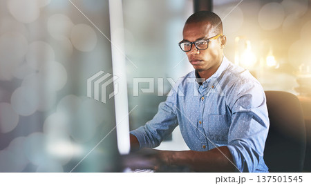 Banner, computer and businessman in office with typing, mockup and business communication on email. Networking, research and black man checking website, article online and bokeh space in workplace. 137501545