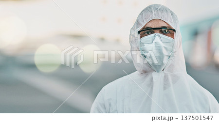 Man, face mask and PPE in portrait with safety, Covid compliance with mockup space and bokeh. Health, protection gear and virus with healthcare banner, disinfection and medical worker with danger Man, face mask and PPE in portrait with safety, Covid compliance with mockup space and bokeh. Health, protection gear and virus with healthcare banner, disinfection and medical worker with danger 137501547