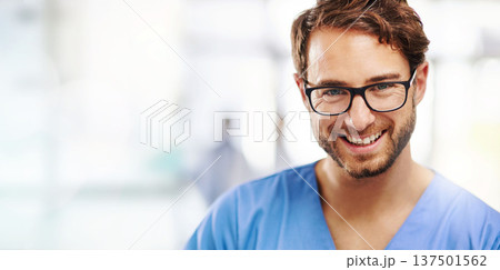 Doctor, man and portrait with smile for healthcare, surgeon at hospital with mockup space. Banner, medical profession and happy in medicine with headshot, career in surgery and service with expert Doctor, man and portrait with smile for healthcare, surgeon at hospital with mockup space. Banner, medical profession and happy in medicine with headshot, career in surgery and service with expert 137501562