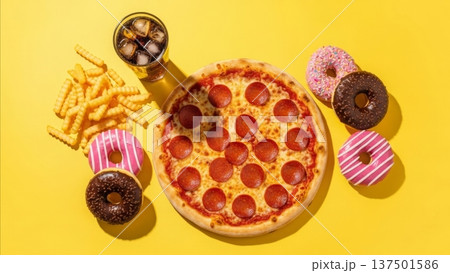 Unhealthy junk food spread with pepperoni pizza french fries colorful donuts and cola soda on bright yellow background overhead flat lay 137501586