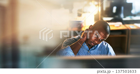Banner, neck pain and black man in office with computer, mockup and business fatigue at night. Stress, burnout and tired businessman at desk with muscle injury from overtime, working late or deadline Banner, neck pain and black man in office with computer, mockup and business fatigue at night. Stress, burnout and tired businessman at desk with muscle injury from overtime, working late or deadline 137501633