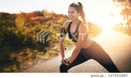 Road, runner or happy woman stretching legs in running exercise, workout or fitness training. Smile, girl athlete or active person streaming radio music or podcast to rest or relax on warm up break Road, runner or happy woman stretching legs in running exercise, workout or fitness training. Smile, girl athlete or active person streaming radio music or podcast to rest or relax on warm up break 137501665
