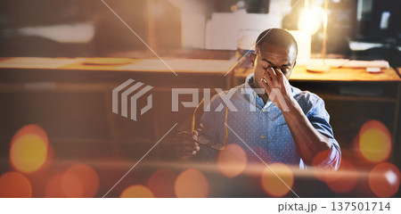 Black man, vision and night at office with burnout, bokeh and banner with glasses, IT consultant and deadline. Overtime, overworked and mockup space, developer with headache and work late with stress 137501714