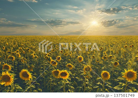 日に照らされたひまわり畑 137501749