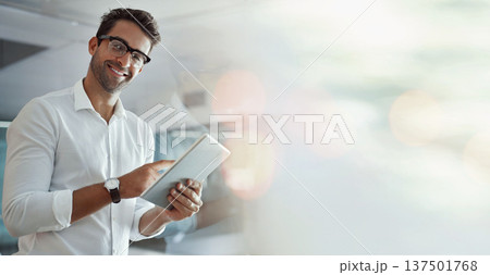 Portrait, business and man with a tablet, banner and connection with network, typing and contact. Face, person and employee with overlay, bokeh and technology for research, internet and website info 137501768