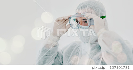 PPE, person goggles and safety suit of lab worker and healthcare professional in hospital or clinic. Cleaning, bacteria protection and face mask with virus, pharmacy and wellness research with bokeh PPE, person goggles and safety suit of lab worker and healthcare professional in hospital or clinic. Cleaning, bacteria protection and face mask with virus, pharmacy and wellness research with bokeh 137501781