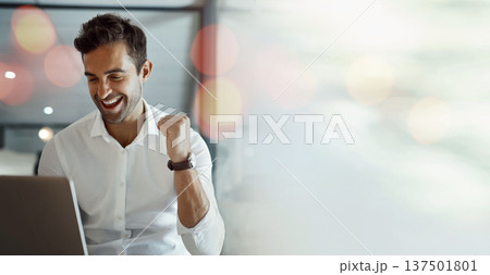 Mockup, laptop or happy man trading with success, goals or sales target in online achievement in office. Proud investor, wow or excited trader in celebration of winning on stock market bonus victory Mockup, laptop or happy man trading with success, goals or sales target in online achievement in office. Proud investor, wow or excited trader in celebration of winning on stock market bonus victory 137501801