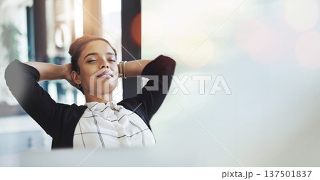 Business woman, relax in office and peace with corporate attorney, wellness and banner with mockup space. Rest, sleep and lawyer on break, bokeh and meditation with mindfulness in the workplace Business woman, relax in office and peace with corporate attorney, wellness and banner with mockup space. Rest, sleep and lawyer on break, bokeh and meditation with mindfulness in the workplace 137501837