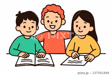 Illustration of Children Learning and Reading Together 137501840