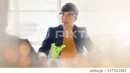 Mockup, recruitment or businesswoman in an office, job interview or meeting at human resources. Vacancy space, hiring opportunity or hr manager writing or listening to candidate in a startup agency 137501861