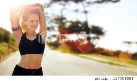 Road, runner or happy woman stretching arms in running exercise, workout or fitness training. Smile, girl athlete or active person streaming radio music or podcast to rest or relax on warm up break 137501891