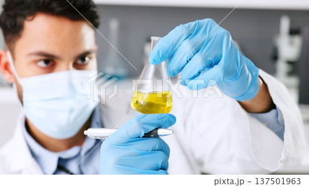 Chemical liquid, beaker or scientist in a lab for chemistry results, healthcare research or scientific test. Man, mask or medical doctor with acid solution for medicine development, biology or drugs Chemical liquid, beaker or scientist in a lab for chemistry results, healthcare research or scientific test. Man, mask or medical doctor with acid solution for medicine development, biology or drugs 137501963