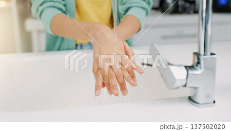 Washing hands, woman cleanse and kitchen sink of a female with soap for cleaning and wellness. Home, safety and virus protection of a person with healthcare in a house for skincare and grooming 137502020