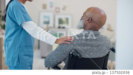 Senior man, wheelchair and support with nurse help and healthcare in retirement home. Caregiver, employee and elderly care with person with disability with patient ready for physiotherapy with man Senior man, wheelchair and support with nurse help and healthcare in retirement home. Caregiver, employee and elderly care with person with disability with patient ready for physiotherapy with man 137502036
