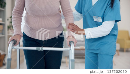 Nurse, hands or senior woman walking with walker for support, elderly care or old age movement disability. Retirement home volunteer, charity or closeup caregiver helping patient with disabled moving Nurse, hands or senior woman walking with walker for support, elderly care or old age movement disability. Retirement home volunteer, charity or closeup caregiver helping patient with disabled moving 137502050