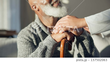 Support, walking stick and hands of senior man with a cane for help, support and old age caregiver care for patient. Healthcare, empathy and elderly person in a nursing home for medical health Support, walking stick and hands of senior man with a cane for help, support and old age caregiver care for patient. Healthcare, empathy and elderly person in a nursing home for medical health 137502063
