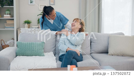 Caregiver, conversation and happy elderly woman speaking, chat and discussion about support, senior care or health service. Retirement healthcare, nursing home help and nurse talking to relax patient Caregiver, conversation and happy elderly woman speaking, chat and discussion about support, senior care or health service. Retirement healthcare, nursing home help and nurse talking to relax patient 137502072