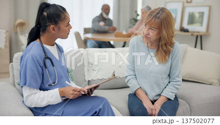 Senior woman with nurse, questions and clipboard with caregiver and elderly care, checklist and health insurance. Medical paperwork, female people and conversation with choice, list and homecare Senior woman with nurse, questions and clipboard with caregiver and elderly care, checklist and health insurance. Medical paperwork, female people and conversation with choice, list and homecare 137502077