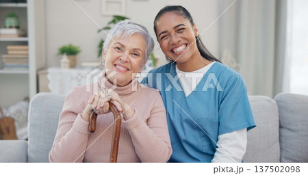 Caregiver portrait, disabled and elderly woman with walking stick for support, help or old age movement disability. Retirement healthcare, nursing home smile or face of relax senior patient with cane Caregiver portrait, disabled and elderly woman with walking stick for support, help or old age movement disability. Retirement healthcare, nursing home smile or face of relax senior patient with cane 137502098