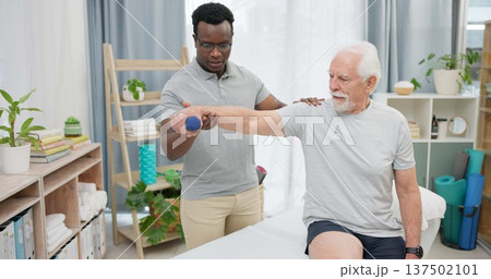 Arm physiotherapy, dumbbell or person with old man for support, recovery in motion training. Physical therapy, rehabilitation or African physiotherapist helping elderly patient with mobility exercise 137502101