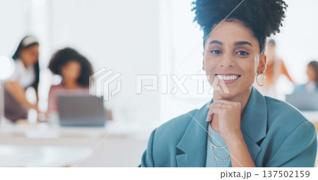 Portrait of happy woman in creative agency with confidence, pride and administration at design agency. Face of female designer at modern office desk, manager at startup with smile and coworking space 137502159