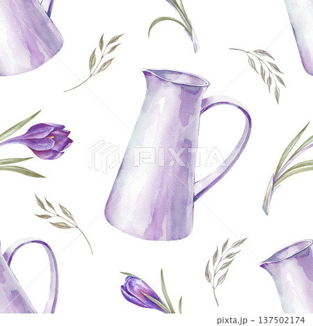 A seamless spring pattern with a white pitcher, purple crocuses and green leaves. Watercolor illustration on an isolated background. Realistic seasonal background for spring-themed home decor, Easter A seamless spring pattern with a white pitcher, purple crocuses and green leaves. Watercolor illustration on an isolated background. Realistic seasonal background for spring-themed home decor, Easter 137502174