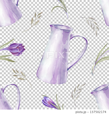 A seamless spring pattern with a white pitcher, purple crocuses and green leaves. Watercolor illustration on an isolated background. Realistic seasonal background for spring-themed home decor, Easter 137502174