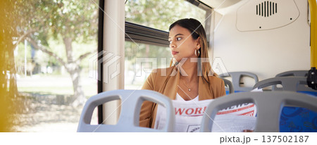 Woman on a bus, transport and travel with newspaper, commute to work or university, city and traffic. Transportation, vehicle and student, day trip and reading material with metro and public service Woman on a bus, transport and travel with newspaper, commute to work or university, city and traffic. Transportation, vehicle and student, day trip and reading material with metro and public service 137502187