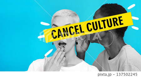 Gossip, cancel culture and people online, internet or social media isolated in a studio blue background. Negative, secret and graphic words for banned or fail message for political opinion or voice Gossip, cancel culture and people online, internet or social media isolated in a studio blue background. Negative, secret and graphic words for banned or fail message for political opinion or voice 137502245
