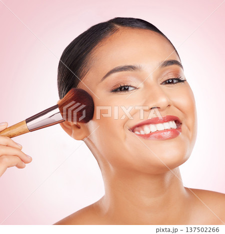 Happy woman, portrait and beauty, makeup and brush for foundation with cosmetics isolated on pink background. Model smile, wellness and cosmetology with tools or equipment, skin and shine in studio Happy woman, portrait and beauty, makeup and brush for foundation with cosmetics isolated on pink background. Model smile, wellness and cosmetology with tools or equipment, skin and shine in studio 137502266