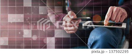 Person, tablet and hands with credit card on banner in payment, online shopping or banking on overlay. Closeup of shopper with debit and technology in ecommerce, electronic purchase or bank app 137502295