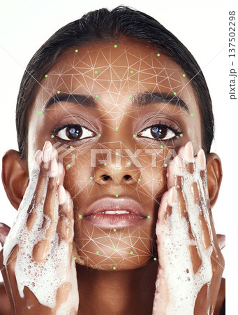 Woman, portrait and face in skincare science, wash or hygiene in dermatology with overlay. Closeup of female person in facial beauty, cosmetics or treatment in cosmetology, transformation or genetics Woman, portrait and face in skincare science, wash or hygiene in dermatology with overlay. Closeup of female person in facial beauty, cosmetics or treatment in cosmetology, transformation or genetics 137502298