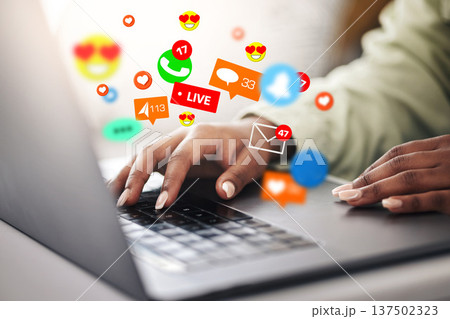 Laptop, emojis or hands of woman typing for communication, social media or online chat. Icon, message notification overlay or closeup of person on app to scroll on website or digital network at home 137502323