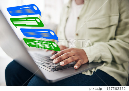 Laptop, message icon or hands of woman typing for communication, social media or online chat. Emojis, notification overlay or closeup of person on app to scroll on website or digital network at home Laptop, message icon or hands of woman typing for communication, social media or online chat. Emojis, notification overlay or closeup of person on app to scroll on website or digital network at home 137502332