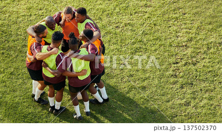 Soccer group, men and huddle for motivation, support and game strategy talk on sport field. Above, grass and exercise of a training team together with solidarity and friends outdoor for competition 137502370