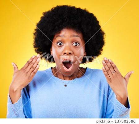 Surprise, excited and portrait of a woman in studio with good news, mouth open and wow emoji. Face of a black person or winner on a yellow background for announcement, shock and facial review Surprise, excited and portrait of a woman in studio with good news, mouth open and wow emoji. Face of a black person or winner on a yellow background for announcement, shock and facial review 137502390