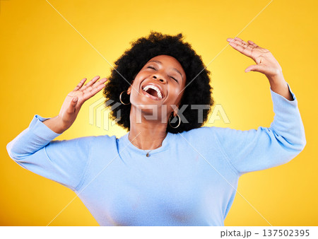 Happy, woman and dance for success in studio with freedom, celebrate party and winning competition bonus. Young african model singing for celebration, energy or excited for music on yellow background Happy, woman and dance for success in studio with freedom, celebrate party and winning competition bonus. Young african model singing for celebration, energy or excited for music on yellow background 137502395