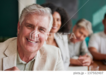 Mature businessman, portrait and meeting with staff, management or happy ceo with business people in workplace. Executive, man and smile of accountant, manager or entrepreneur work in London office Mature businessman, portrait and meeting with staff, management or happy ceo with business people in workplace. Executive, man and smile of accountant, manager or entrepreneur work in London office 137502407