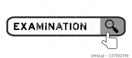 Search banner in word examination with hand over magnifier icon on white background 137502556