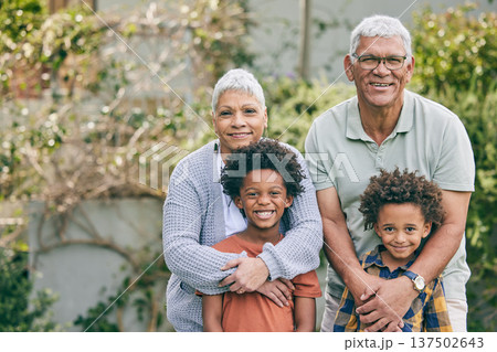 Portrait, hug and children with grandparents in a backyard for bond, care and fun together outdoor. Happy family, face and kids with grandmother, grandpa and sibling in a garden, embrace and smile Portrait, hug and children with grandparents in a backyard for bond, care and fun together outdoor. Happy family, face and kids with grandmother, grandpa and sibling in a garden, embrace and smile 137502643