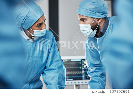 Doctors, hospital team and surgery for emergency, safety and expert service. Man, woman and healthcare collaboration of surgeon, nurse and support in operation theater with ppe, mask and medical icu 137502691