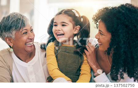 Child, mother and grandma laughing in a family home with happiness, love and support. Girl kid, mature woman and parent relax together for adoption of daughter with joy in living room for visit 137502750
